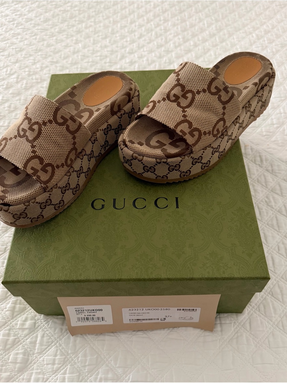 Gucci Brown Beige Logo Platform Slide Sandals - Picture 6 of 13
